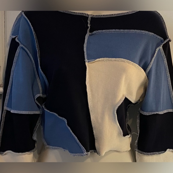 Nasty Gal NWOT patchwork long sleeve ribbed cotton sweater navy,blue,cream, M - Picture 2 of 7